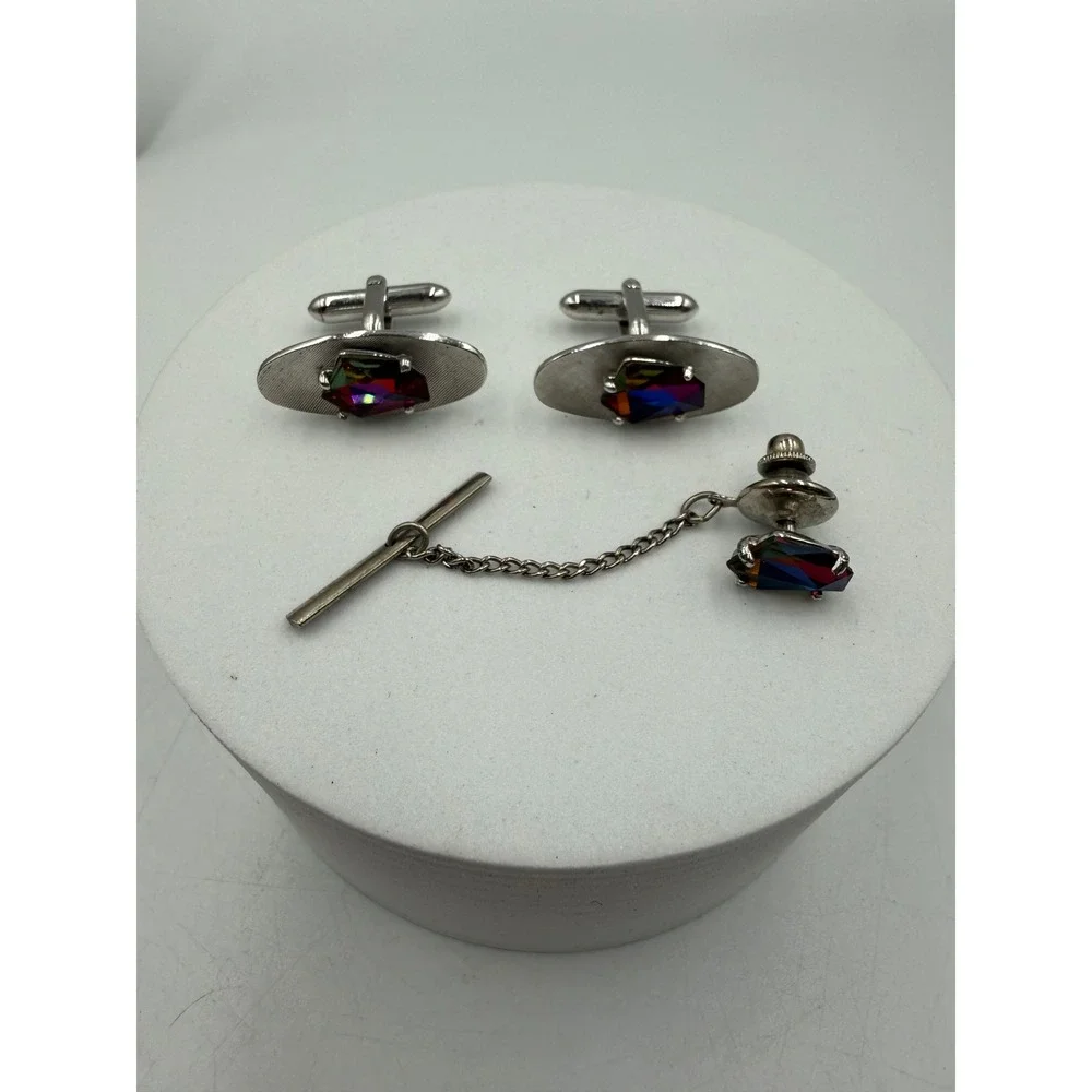 Vtg Silver Tone Iridescent Rhinestone Cufflinks and Tie Tack Set Mens Jewelry